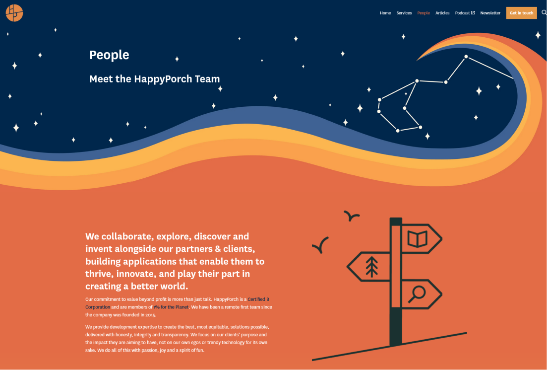 Screenshot of constellation banner on Team page of HappyPorch site